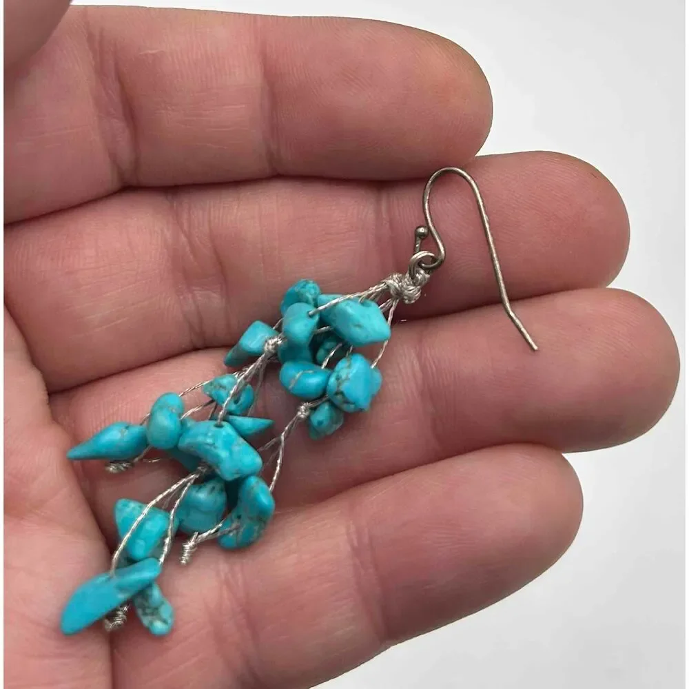 Vintage Turquoise Chip Womens Dangle Cluster Earrings - Picture 4 of 4